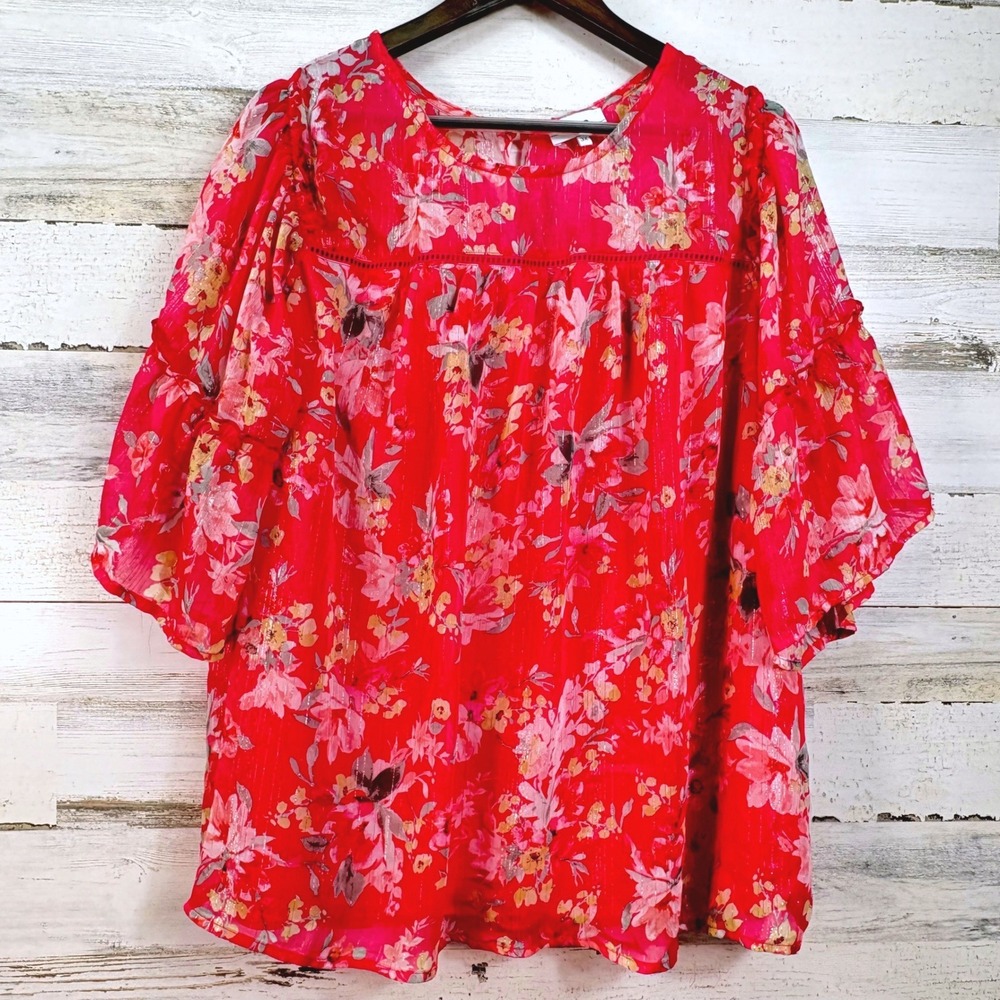 Poppi 3X Red Floral Lurex Metallic Stripe Cold Shoulder Ruffle Blouse Top Boho